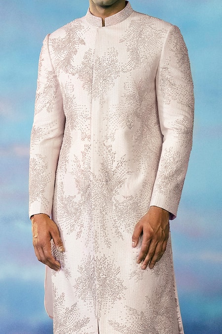 Rohit Gandhi + Rahul Khanna Pink Viscose, Silk, Cordelier Floral Embellished Sherwani Set Online at Aza Fashions Rohit Gandhi + Rahul Khanna_Pink Viscose, Silk, Cordelier Floral Embellished Sherwani Set _Online_at_Aza_Fashions