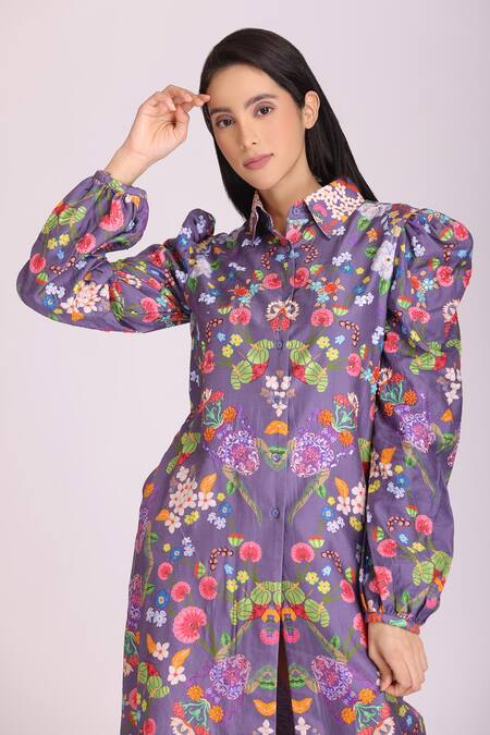 Alpona Designs By Soham Acharya_Purple Cotton Silk Floral Shirt Collar Puff Sleeve Jacket Dress _Online_at_Aza_Fashions