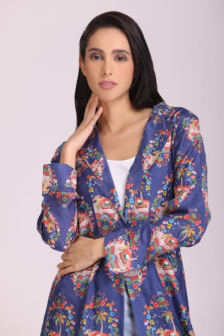 Alpona Designs By Soham Acharya_Blue Cotton Silk Floral Notched Print Jacket _Online_at_Aza_Fashions