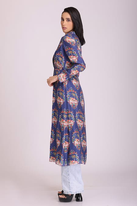 Buy_Alpona Designs By Soham Acharya_Blue Cotton Silk Floral Notched Print Jacket _Online_at_Aza_Fashions