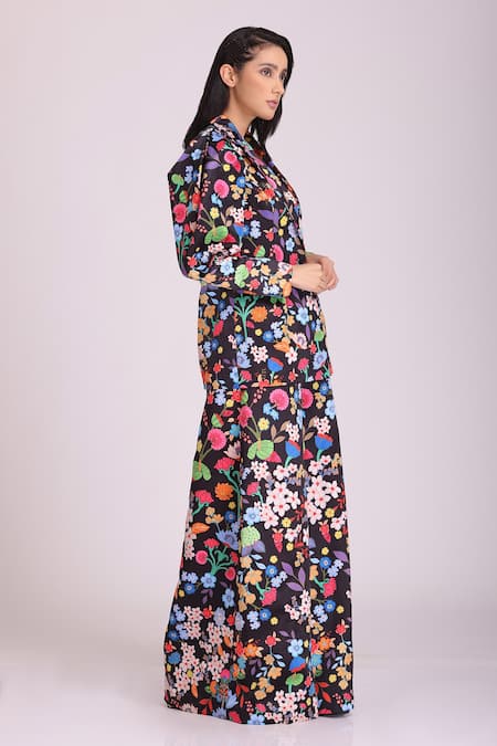 Buy_Alpona Designs By Soham Acharya_Black Viscose Satin Floral Notched Print Jacket And Pant Set _Online_at_Aza_Fashions