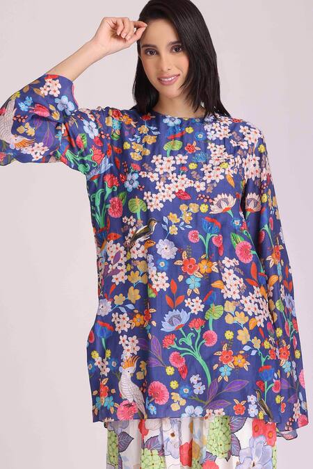 Alpona Designs By Soham Acharya_Blue Cotton Silk Floral Round Print Tunic And Pant Set _Online_at_Aza_Fashions