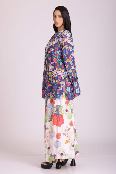 Buy_Alpona Designs By Soham Acharya_Blue Cotton Silk Floral Round Print Tunic And Pant Set _Online_at_Aza_Fashions