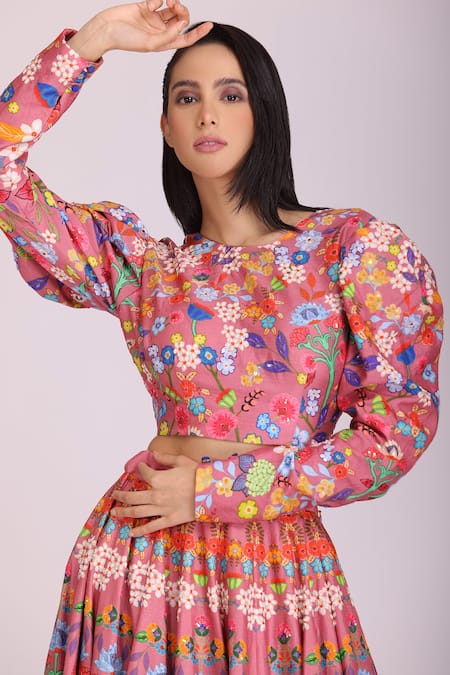 Alpona Designs By Soham Acharya_Pink Viscose Dupion Floral Round Print Lehenga And Blouse Set _Online_at_Aza_Fashions