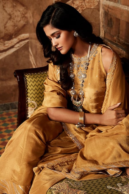 Matsya_Yellow Georgette Tissue Embroidery Patra Paaro Short Kurta Sharara Set _Online_at_Aza_Fashions