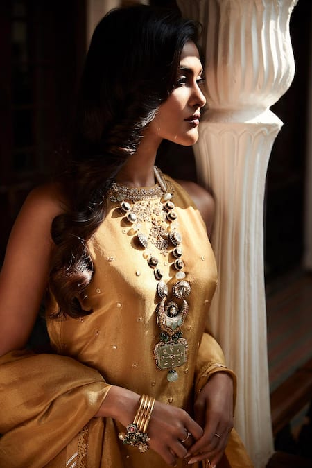 Buy_Matsya_Yellow Georgette Tissue Embroidery Patra Paaro Short Kurta Sharara Set _Online_at_Aza_Fashions