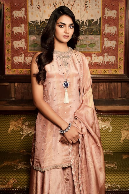 Matsya_Pink Georgette, Tissue Embroidery, Gota Patti, Paaro Mirror Kurta Sharara Set_Online_at_Aza_Fashions