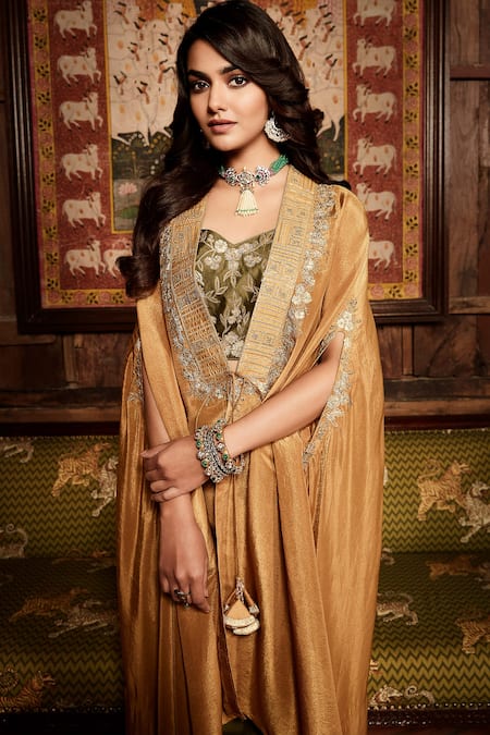 Matsya_Green Tissue Embroidery Gota And Thread Floral Cape & Pant Set  _Online_at_Aza_Fashions