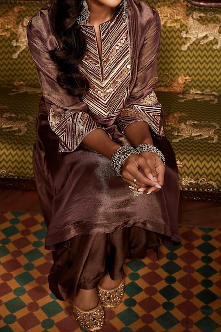Buy_Matsya_Brown Tissue Embroidery Split V-neck Yoke Kurta And Pant Set_Online_at_Aza_Fashions