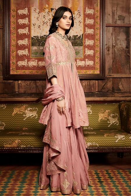 Matsya Pink Tissue, Georgette Gota Patti, Embroidery, Matsya Peplum Kurta Sharara Set Online at Aza Fashions Matsya_Pink Tissue, Georgette Gota Patti, Embroidery, Matsya Peplum Kurta Sharara Set_Online_at_Aza_Fashions