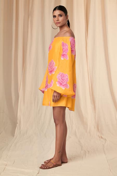 Buy_Masaba_Yellow Bemberg Linen Kat Off Shoulder Rosy Print Short Dress_Online_at_Aza_Fashions