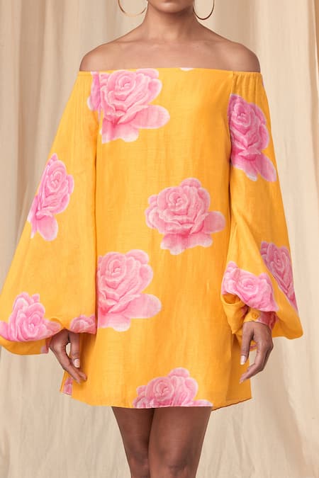 Shop_Masaba_Yellow Bemberg Linen Kat Off Shoulder Rosy Print Short Dress_Online_at_Aza_Fashions