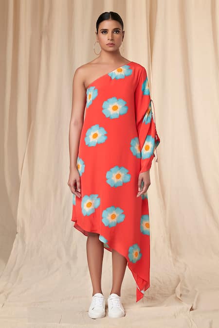 Masaba_Red Crepe One Shoulder Crazy Daizy Print Kaftan Dress _Online_at_Aza_Fashions
