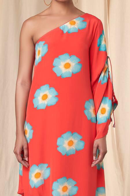 Shop_Masaba_Red Crepe One Shoulder Crazy Daizy Print Kaftan Dress _Online_at_Aza_Fashions