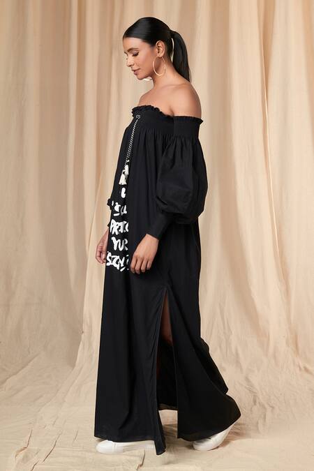 Masaba_Black Cotton Cambric Printed Slogan Carmen Off Shoulder Dress_Online_at_Aza_Fashions