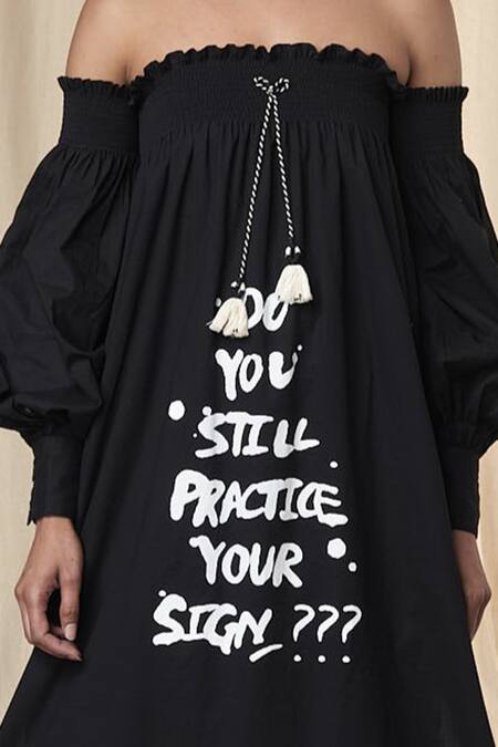 Buy_Masaba_Black Cotton Cambric Printed Slogan Carmen Off Shoulder Dress_Online_at_Aza_Fashions