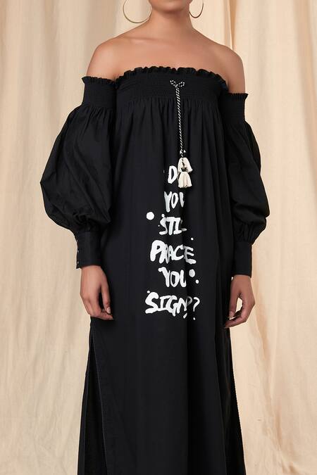 Shop_Masaba_Black Cotton Cambric Printed Slogan Carmen Off Shoulder Dress_Online_at_Aza_Fashions