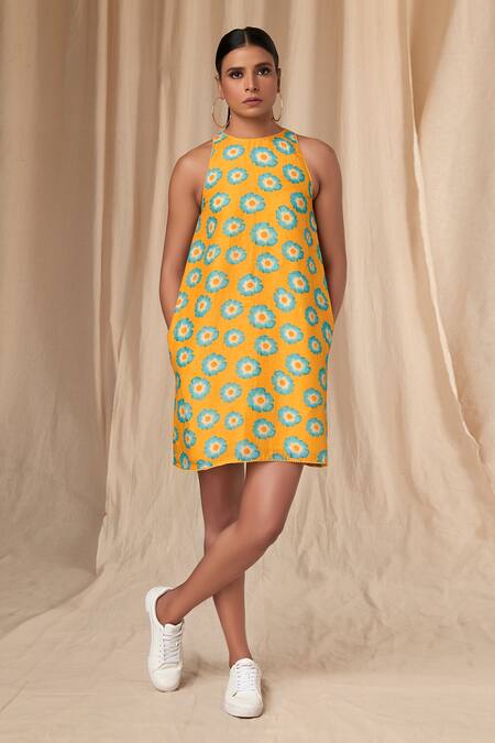 Masaba_Yellow Halter Neck Crazy Daizy Dress_Online_at_Aza_Fashions