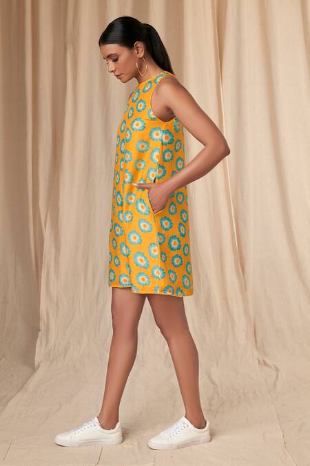 Shop_Masaba_Yellow Halter Neck Crazy Daizy Dress_Online_at_Aza_Fashions