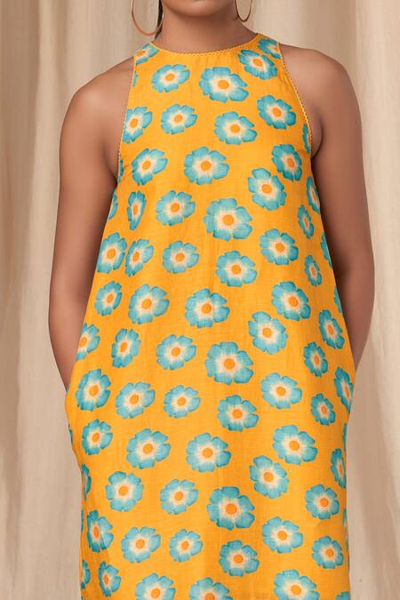 Masaba_Yellow Halter Neck Crazy Daizy Dress_at_Aza_Fashions