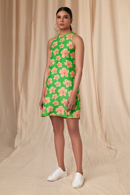 Shop_Masaba_Green Bamboo, Linen Lace Halter Neck Flower Passion Dress_Online_at_Aza_Fashions
