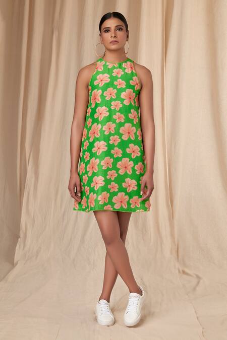 Masaba_Green Bamboo, Linen Lace Halter Neck Flower Passion Dress_at_Aza_Fashions
