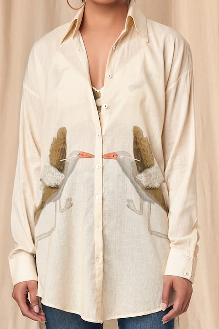 Masaba_Ivory Cotton Embroidery Collared Finch Print Shirt_Online_at_Aza_Fashions