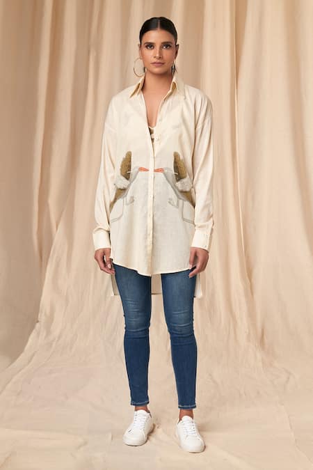 Buy_Masaba_Ivory Cotton Embroidery Collared Finch Print Shirt_Online_at_Aza_Fashions