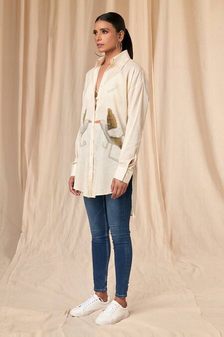 Masaba_Ivory Cotton Embroidery Collared Finch Print Shirt_at_Aza_Fashions
