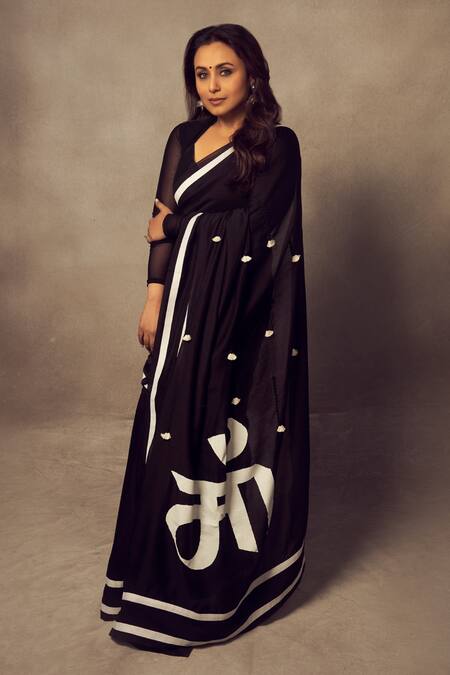 Masaba_Black Raw Silk, Net, Chanderi Mul Maa Typography Print Saree_Online_at_Aza_Fashions