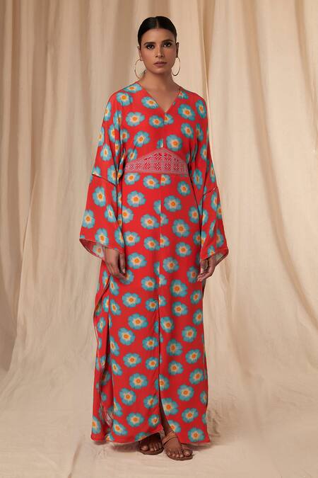 Masaba_Red Crepe Embroidery V-neck Crazy Daisy Kaftan Dress With Belt _Online_at_Aza_Fashions
