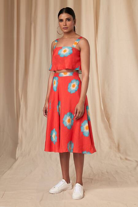 Masaba_Red Bemberg Linen Printed Crazy Daizy Daisy Crop Top And Skirt Set _Online_at_Aza_Fashions