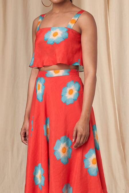 Shop_Masaba_Red Bemberg Linen Printed Crazy Daizy Daisy Crop Top And Skirt Set _Online_at_Aza_Fashions