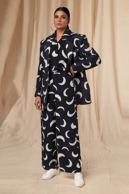 Masaba_Black Blazer- Bemberg Linen Printed Mooncrest Blazer And Trouser Set _Online_at_Aza_Fashions