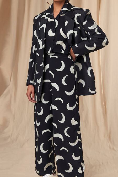 Buy_Masaba_Black Blazer- Bemberg Linen Printed Mooncrest Blazer And Trouser Set _Online_at_Aza_Fashions