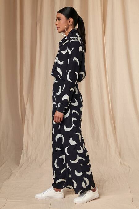 Shop_Masaba_Black Natural Crepe Printed Mooncrest Collar Shirt And Trouser Set _Online_at_Aza_Fashions