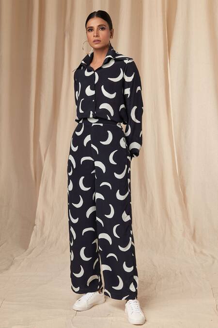 Shop_Masaba_Black Crepe Embroidery Collared Mooncrest Print Shirt_Online_at_Aza_Fashions