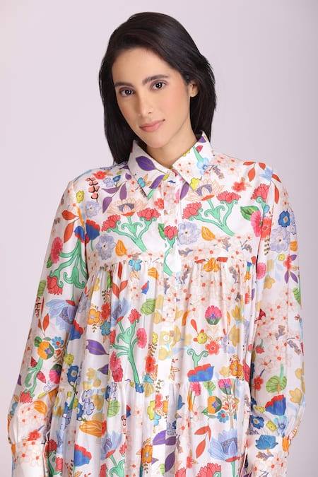 Alpona Designs By Soham Acharya White Cotton Silk Floral Shirt Collar Print Online at Aza Fashions Alpona Designs By Soham Acharya_White Cotton Silk Floral Shirt Collar Print _Online_at_Aza_Fashions