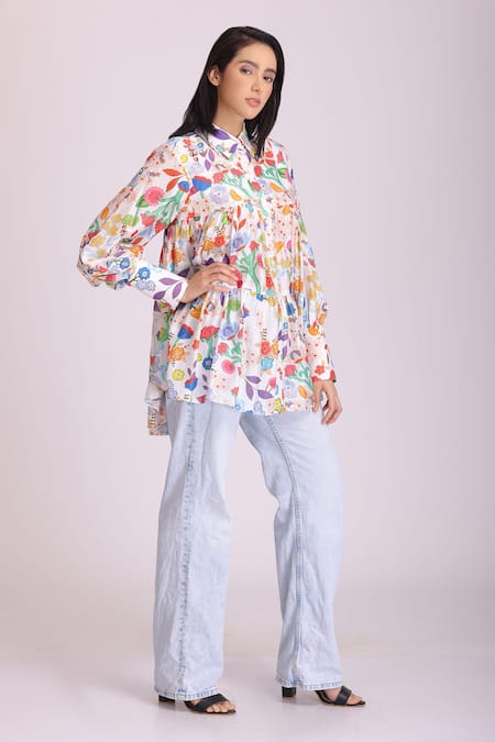 Buy Alpona Designs By Soham Acharya White Cotton Silk Floral Shirt Collar Print Online at Aza Fashions Buy_Alpona Designs By Soham Acharya_White Cotton Silk Floral Shirt Collar Print _Online_at_Aza_Fashions