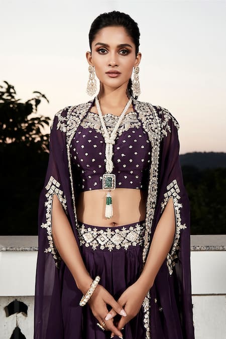 Buy Matsya Purple Organza, Georgette Embroidery, The Royal Matsya Cape And Draped Skirt Set Online at Aza Fashions Buy_Matsya_Purple Organza, Georgette Embroidery, The Royal Matsya Cape And Draped Skirt Set_Online_at_Aza_Fashions