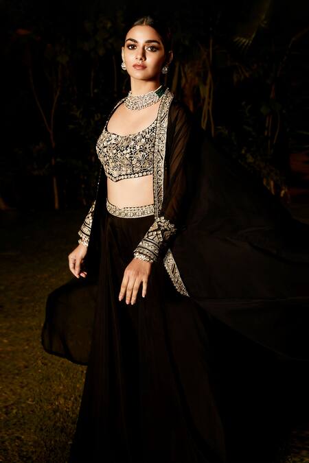 Buy_Matsya_Black Organza, Georgette Embroidery Scoop Neck The Holy Roman Cape And Sharara Set_Online_at_Aza_Fashions