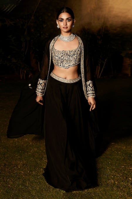 Shop_Matsya_Black Organza, Georgette Embroidery Scoop Neck The Holy Roman Cape And Sharara Set_Online_at_Aza_Fashions