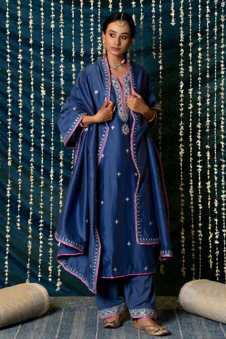 Maison Shefali_Blue Chanderi Silk, Cotton Embroidery Split V-neck Saanjh Kurta Set _Online_at_Aza_Fashions