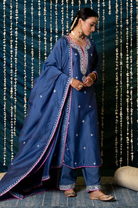 Shop_Maison Shefali_Blue Chanderi Silk, Cotton Embroidery Split V-neck Saanjh Kurta Set _Online_at_Aza_Fashions