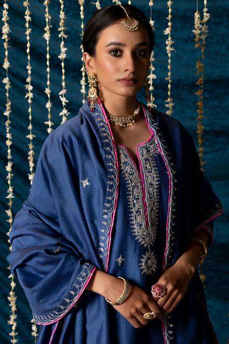 Maison Shefali_Blue Chanderi Silk, Cotton Embroidery Split V-neck Saanjh Kurta Set _at_Aza_Fashions