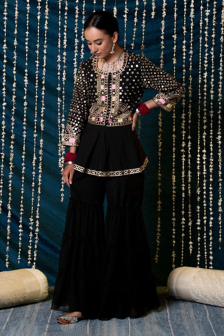 Maison Shefali_Black Jacket Cotton Embroidered Mirror Round Aks Peplum And Gharara Set _Online_at_Aza_Fashions
