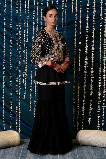 Buy_Maison Shefali_Black Jacket Cotton Embroidered Mirror Round Aks Peplum And Gharara Set _Online_at_Aza_Fashions
