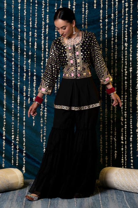Shop_Maison Shefali_Black Jacket Cotton Embroidered Mirror Round Aks Peplum And Gharara Set _Online_at_Aza_Fashions