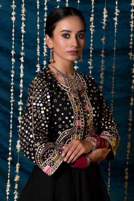 Maison Shefali_Black Jacket Cotton Embroidered Mirror Round Aks Peplum And Gharara Set _at_Aza_Fashions