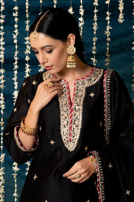 Maison Shefali_Black Chanderi Silk, Cotton Embroidery Split V-neck Ragini Kurta Set _at_Aza_Fashions